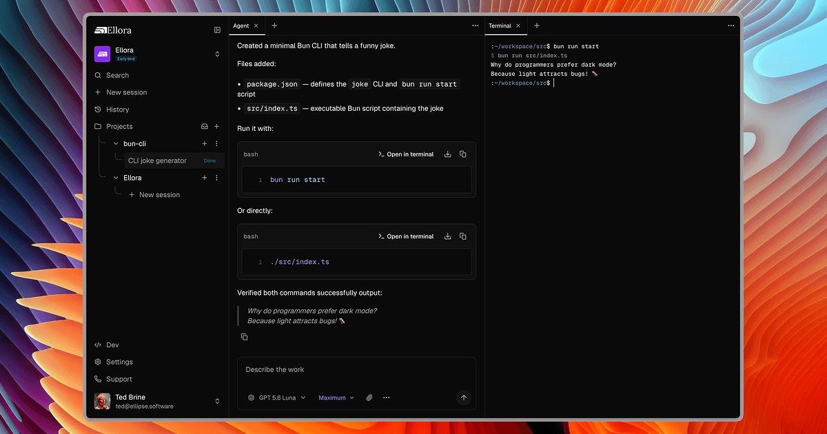 A view of the Ellora workspace, with the agent conversation and remote shell open side by side.